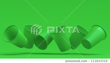 Set of plastic disposable party cup for juice, fresh, beer on monochrome green 111633319