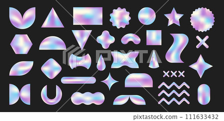 Set of abstract glowing liquid geometric and wavy shapes. 3d holographic elements, stickers, gradient vector figures of various forms. Modern futuristic y2k design of shimmering colors. 111633432