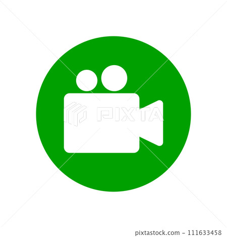 Video camera round icon. White silhouette in green circle. Isolated vector symbol. Video camera round icon. White silhouette in green circle. Isolated vector symbol. 111633458