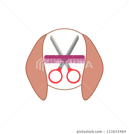 Dog grooming logo design template. Dog head with comb and scissors. Vector clipart and drawing. Isolated illustration on white background. 111633464