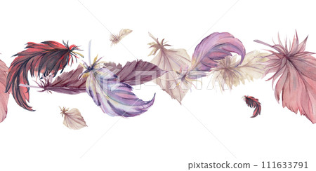 Hand drawn watercolor illustration bird feather plume quill boho tribal ethnic indian nature. Seamless banner isolated on white background. Design charm, dreamcatcher, scrapbooking, handmade, tattoo Hand drawn watercolor illustration bird feather plume quill boho tribal ethnic indian nature. Seamless banner isolated on white background. Design charm, dreamcatcher, scrapbooking, handmade, tattoo 111633791