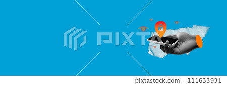 Hand holding smartphone with location pin and padlock, eyes watching over. Cybersecurity awareness campaign on preventing location tracking. 111633931