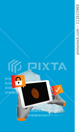 Hand with padlock and digital fingerprint authentication on tablet over binary background. Personal identity verification solutions for personal data security. 111633968