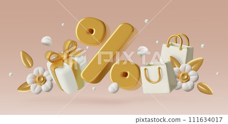 Spring discount and sale peach fuzz background with big 3d percent sign flowers and shopping bag Spring discount and sale peach fuzz background with big 3d percent sign flowers and shopping bag 111634017