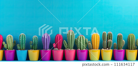 Colorful cactus in colorful pots. 111634117