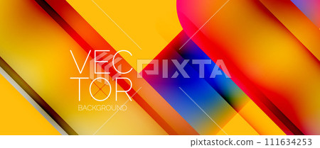 Dynamic bright colorful geometric elements with fluid gradients, lights, shadows blend in a minimal backdrop, creating captivating composition 111634253