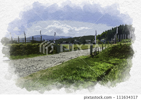 水彩風格上越春日山城遺址廣場 新潟縣上越市 水彩風格上越春日山城遺址廣場 新潟縣上越市 111634317