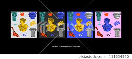 Ancient Greek Hand drawn Seamless Pattern Set with sculptures and columns Ancient Greek Hand drawn Seamless Pattern Set with sculptures and columns 111634320