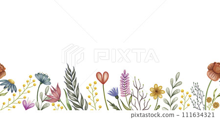 Abstract flowers seamless horizontal border. Watercolor background with hand drawn illustration isolated on white for card design, fabric print, web banner, holiday decor Abstract flowers seamless horizontal border. Watercolor background with hand drawn illustration isolated on white for card design, fabric print, web banner, holiday decor 111634321
