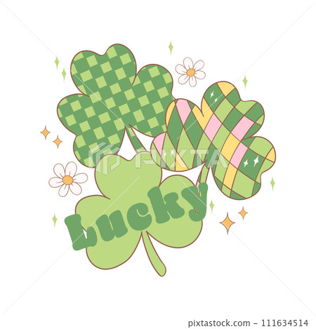 Loads of luck, Groovy st patrick's day clover leaves with lucky shamrock cartoon doodle drawing. 111634514