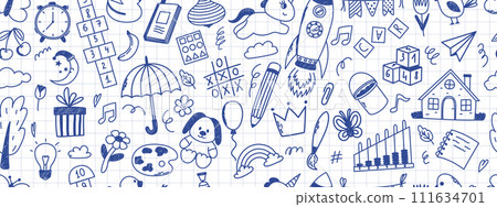 Seamless pattern with daycare doodle elements. Unicorn, hopscotch, toys, crown, umbrella, house, tree and other elements. Scribbled with chalk texture. Seamless pattern with daycare doodle elements. Unicorn, hopscotch, toys, crown, umbrella, house, tree and other elements. Scribbled with chalk texture. 111634701