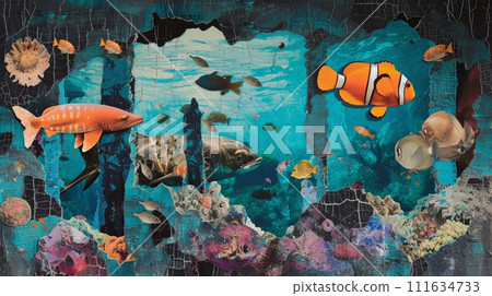 Underwater world. Grunge torn paper vintage collage. 111634733