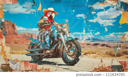 Parrot in cowboy hat rides bike through the desert. Eclectic torn paper collage. 111634785