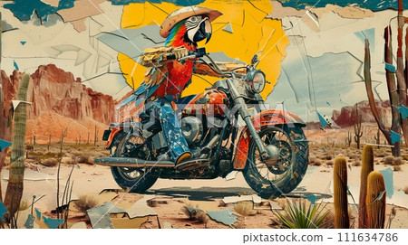 Parrot in cowboy hat rides bike through the desert. Eclectic ripped paper collage. 111634786
