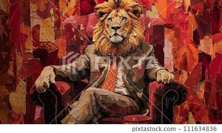 Lion in a suit sits on throne. Torn paper collage. 111634836