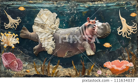 Hippo in tutu dancing with octopuses underwater. Vintage torn paper collage. 111634837