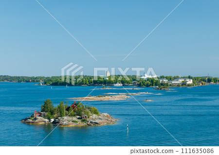 Panoramic view from Helsinki to the sea and Suomenlinna Fortress. 111635086