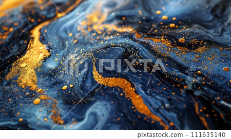 Blue abstract background of marble liquid ink. Blue and gold stone pattern. 111635140