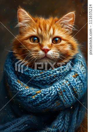 Image of orange cat wearing blue scarf. Generative AI Image of orange cat wearing blue scarf. Generative AI 111635214
