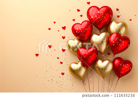 Group of gold and red heart shaped balloons with gold confetti style falling in pattern. Generative AI 111635238