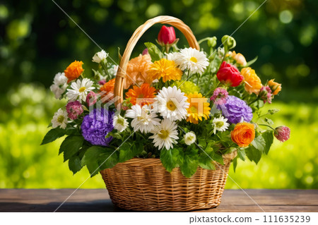 Basket full of different colored flowers sits on table outside. Generative AI 111635239