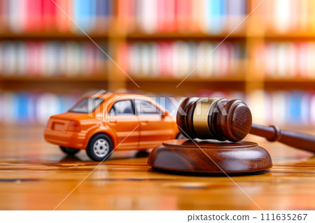 Small toy car sitting next to miniature gavelin and wooden mallet. Generative AI 111635267