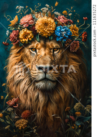 Lion with crown of flowers on its head. Generative AI 111635272