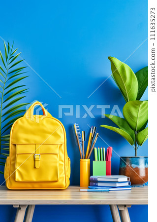 Yellow backpack is sitting next to blue wall and some plants. Generative AI 111635273