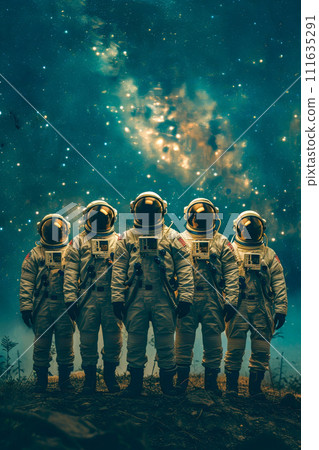 Six astronauts are standing in line looking up at the sky. Generative AI 111635291