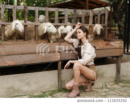 A woman kneeling in front of a wooden fence with sheep in a pen behind her A woman kneeling in front of a wooden fence with sheep in a pen behind her 111635292