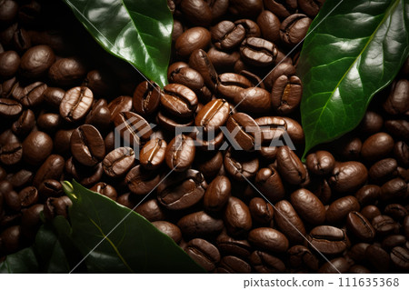 Pile of coffee beans with leaf next to it. Generative AI Pile of coffee beans with leaf next to it. Generative AI 111635368