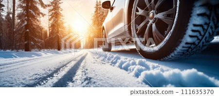 Car driving down snowy road with the sun shining on it. Generative AI Car driving down snowy road with the sun shining on it. Generative AI 111635370