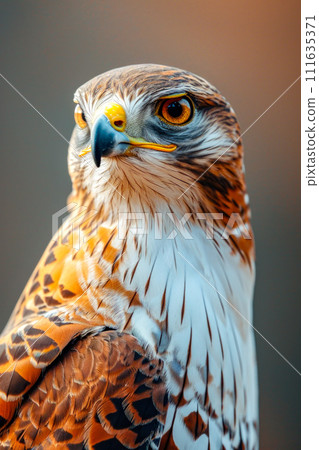 Bird with yellow beak and orange eyes is perched on branch. Generative AI Bird with yellow beak and orange eyes is perched on branch. Generative AI 111635371