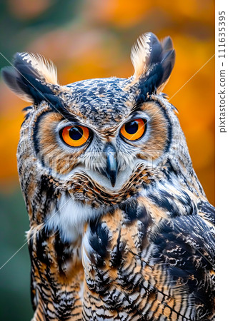 Close up of owl with orange eyes and yellow beak. Generative AI 111635395