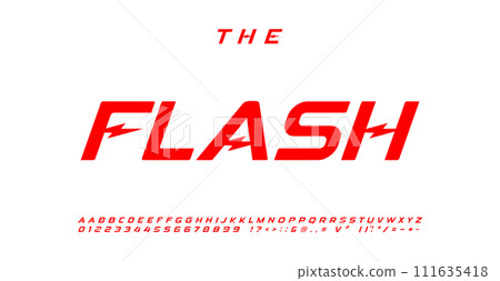 Flash energetic alphabet, energetic powerful italic letters, dynamic font for electro automotive logo, superhero comic book headline, striking racing typeface. Vector typeset Flash energetic alphabet, energetic powerful italic letters, dynamic font for electro automotive logo, superhero comic book headline, striking racing typeface. Vector typeset 111635418