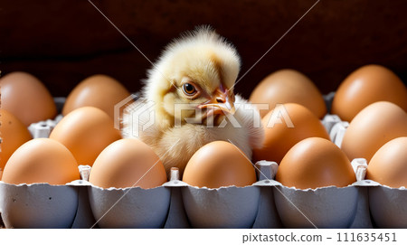 Baby yellow chicken with fuzzy head sitting in egg carton surrounded by eggs. Generative AI 111635451
