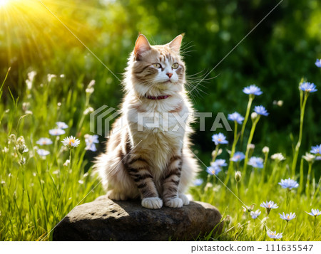 Cat is sitting on rock in field of flowers. Generative AI 111635547