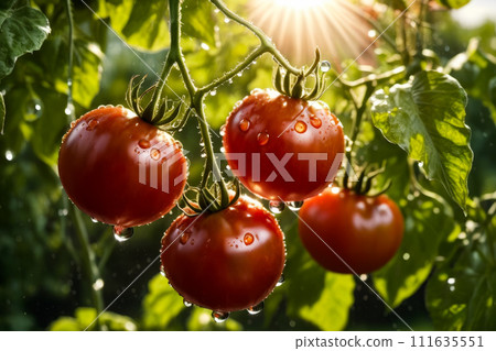 Group of four red tomatoes hanging from vine. Generative AI Group of four red tomatoes hanging from vine. Generative AI 111635551