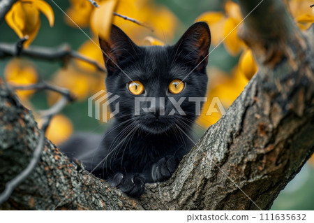 Black cat with yellow eyes sits in tree. Generative AI 111635632