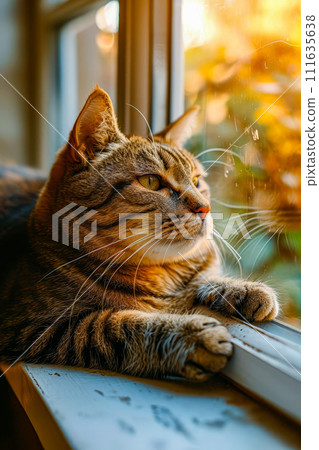 Cat sits by window looking outside with expression that suggests it is watching something or someone. Generative AI 111635638