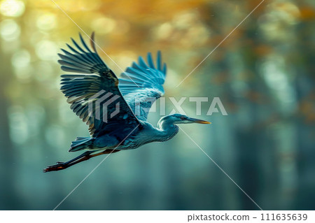 Blue heron is flying through forest with its wings spread wide. Generative AI 111635639