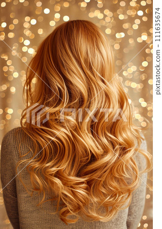 Woman with long blonde hair that is wavy and has gold background. Generative AI 111635674