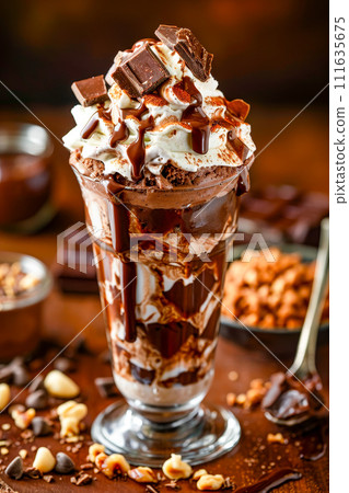 Glass of chocolate milk with whipped cream on top and sprinkle of cocoa powder. Generative AI 111635675