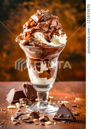 Glass bowl filled with chocolate and vanilla ice cream with chocolate sauce on top. Generative AI 111635676