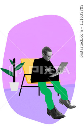 Concentrated young man, freelancer sitting at home and working on laptop, thoughtfully looking on screen. Contemporary art collage. 111635705