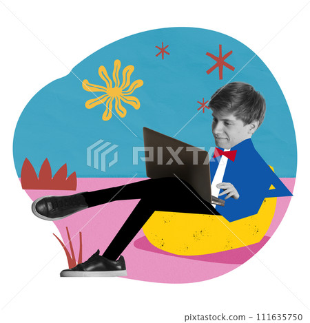 Young guy, freelancer on summer resort sitting on floor char and working remotely on laptop, doing tasks online. Freedom of movement. Contemporary art collage. 111635750