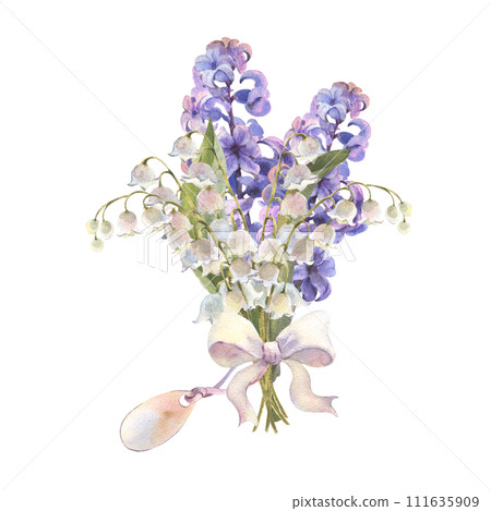 Watercolor illustration. Spring flowers hyacinth and lilies of the valley Bouquet. Design for printing postcards, invitations to weddings, birthdays, spring holidays, Easter Watercolor illustration. Spring flowers hyacinth and lilies of the valley Bouquet. Design for printing postcards, invitations to weddings, birthdays, spring holidays, Easter 111635909