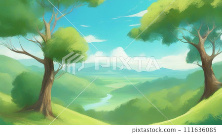 Grassland landscape painted in watercolor 111636085