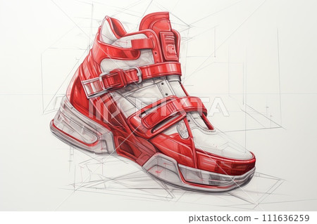 AI-generated content. Sketch of shoes, pencil drawing ,dynamic style red sneakers AI-generated content. Sketch of shoes, pencil drawing ,dynamic style red sneakers 111636259