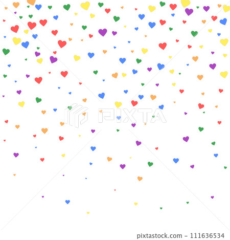 Flying hearts for valentine's day. Rainbow colored scattered hearts. LGBT valentine card. Beautiful flying hearts vector illustration. Flying hearts for valentine's day. Rainbow colored scattered hearts. LGBT valentine card. Beautiful flying hearts vector illustration. 111636534